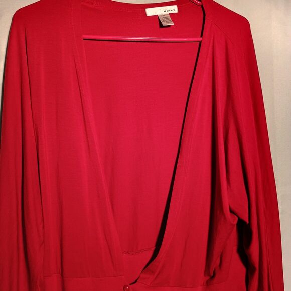 Red Deep V-Neck Blouse with Button Detail – Long Sleeve Wrap Style Top - Picture 2 of 5